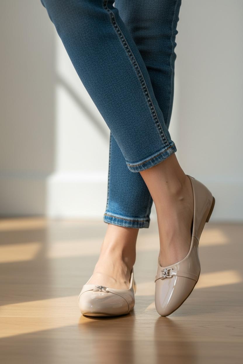 Beige glossy flats Elegance flower buckle