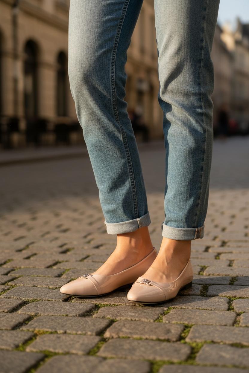 Beige glossy flats Elegance flower buckle