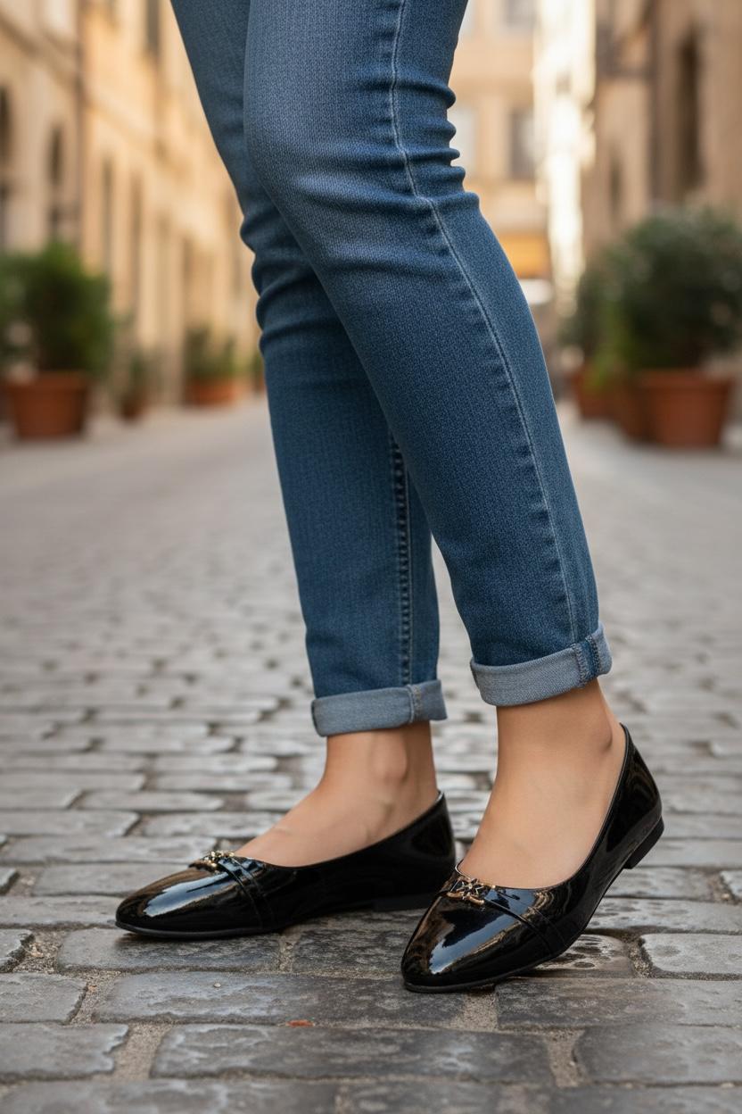 Midnight noir Flats Powerfull look and flower buckle